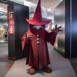 Maroon Witch'S Hat mascot costume character dressed with a Trousers and Foot pads