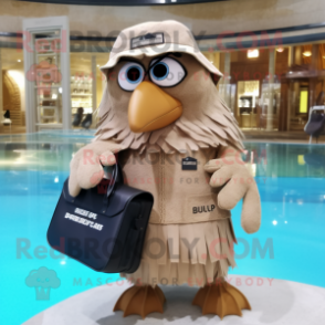 Beige Crow mascot costume character dressed with a One-Piece Swimsuit and Wallets