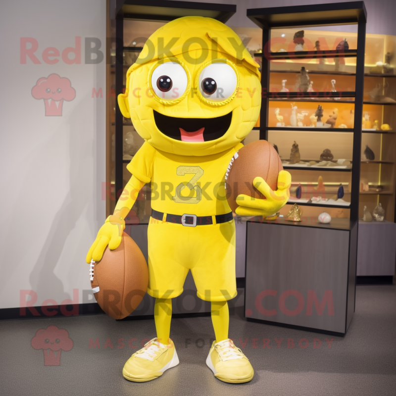 Yellow American Football Helmet mascot costume character dressed with a Running Shorts and Clutch bags