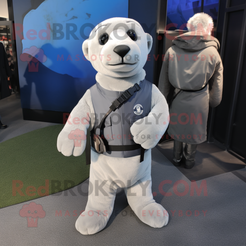 Silver Navy Seal mascot costume character dressed with a Sweater and Messenger bags Mascot Costumes Redbrokoly