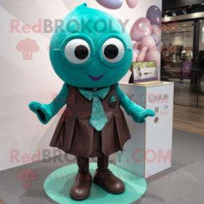 Teal Chocolates mascot costume character dressed with a Mini Dress and Tie pins