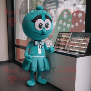 Teal Chocolates mascot costume character dressed with a Mini Dress and Tie pins