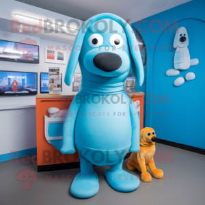 Cyan Hot Dog mascot costume character dressed with a Hoodie and Watches