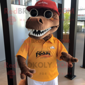 Rust Allosaurus mascot costume character dressed with a Polo Shirt and Eyeglasses