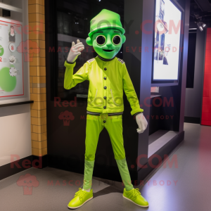 Lime Green Mime mascot costume character dressed with a Flare Jeans and Smartwatches