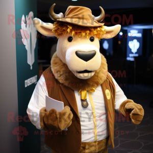 Gold Beef Stroganoff mascot costume character dressed with a Waistcoat and Wallets