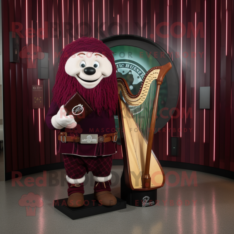 Maroon Celtic Harp mascot costume character dressed with a Bermuda Shorts and Rings