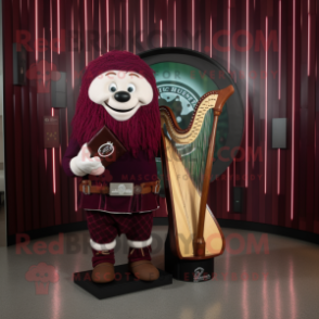 Maroon Celtic Harp mascot costume character dressed with a Bermuda Shorts and Rings