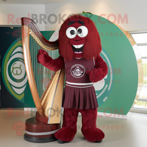 Maroon Celtic Harp mascot costume character dressed with a Bermuda Shorts and Rings