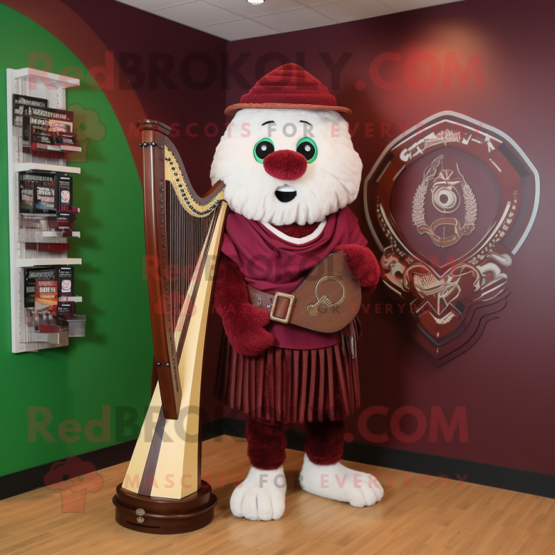 Maroon Celtic Harp mascot costume character dressed with a Bermuda Shorts and Rings