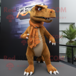 Brown T Rex mascot costume character dressed with a Flare Jeans and Scarf clips