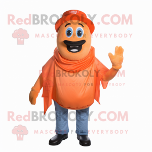 Orange Hot Dogs mascot costume character dressed with a Denim Shirt and Gloves