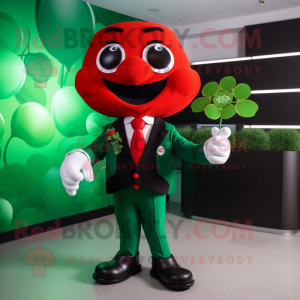 Red Bunch Of Shamrocks mascot costume character dressed with a Suit Jacket and Tie pins