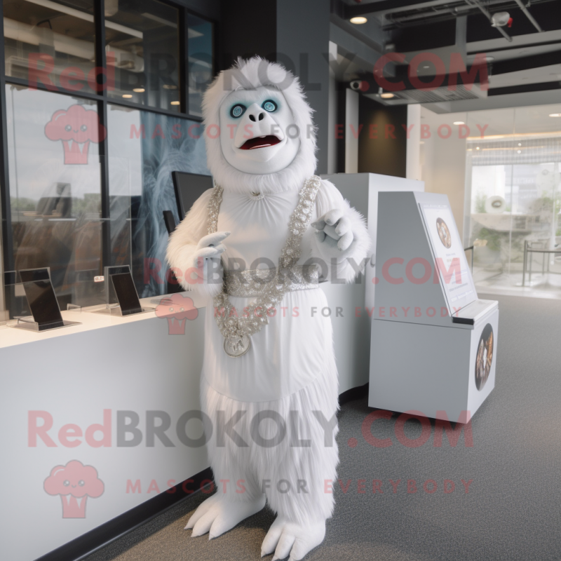 White Orangutan mascot costume character dressed with a Empire Waist Dress and Ties