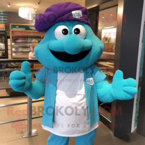 Turquoise Moussaka mascot costume character dressed with a V-Neck Tee and Berets