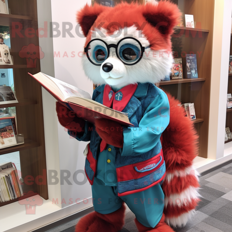 Sky Blue Red Panda mascot costume character dressed with a Mini Dress and Reading glasses