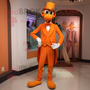 Orange Stilt Walker mascot costume character dressed with a Bermuda Shorts and Bow ties