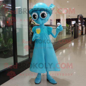 Cyan Pho mascot costume character dressed with a Cocktail Dress and Shoe clips