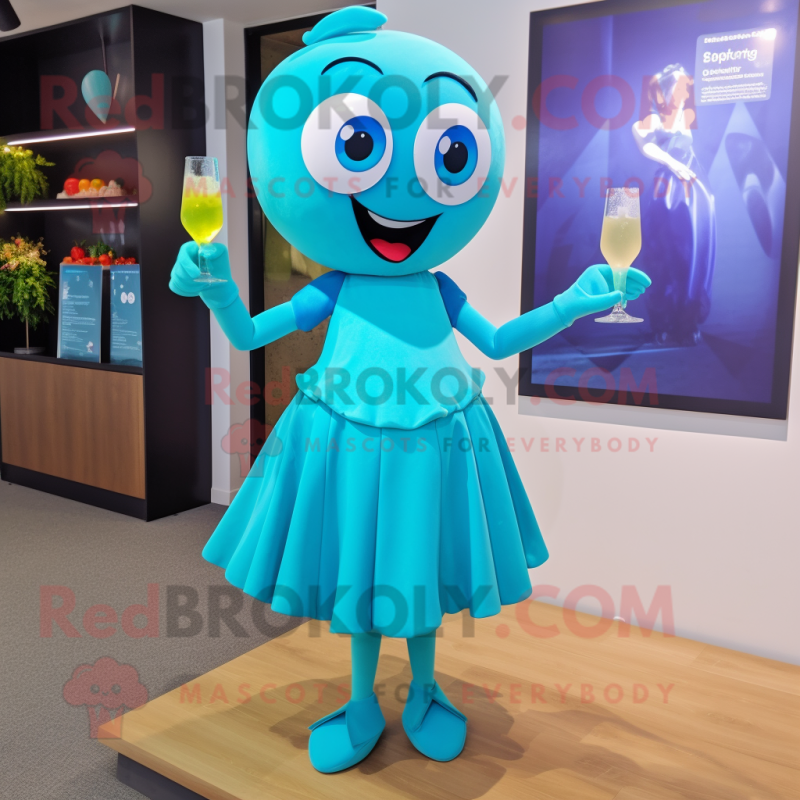 Cyan Pho mascot costume character dressed with a Cocktail Dress and Shoe clips