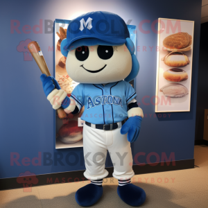 Blue Miso Soup mascot costume character dressed with a Baseball Tee and Backpacks