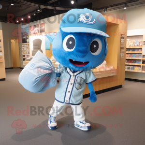 Blue Miso Soup mascot costume character dressed with a Baseball Tee and Backpacks