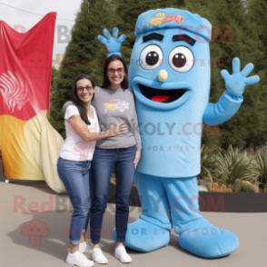 Sky Blue Pesto Pasta mascot costume character dressed with a Mom Jeans and Rings