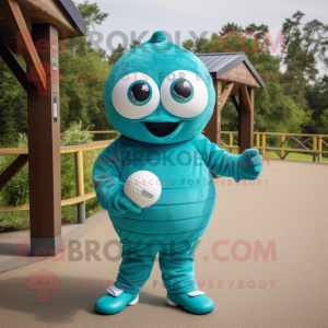 Teal Golf Ball mascot costume character dressed with a Playsuit and Wraps