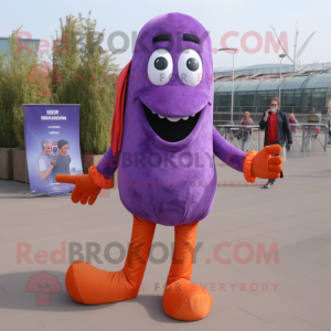 Purple Currywurst mascot costume character dressed with a Skinny Jeans and Shoe laces