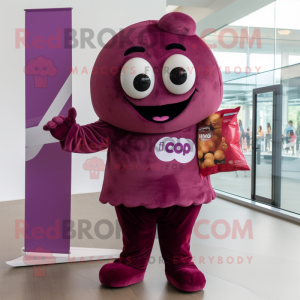 Magenta Chocolates mascot costume character dressed with a T-Shirt and Clutch bags
