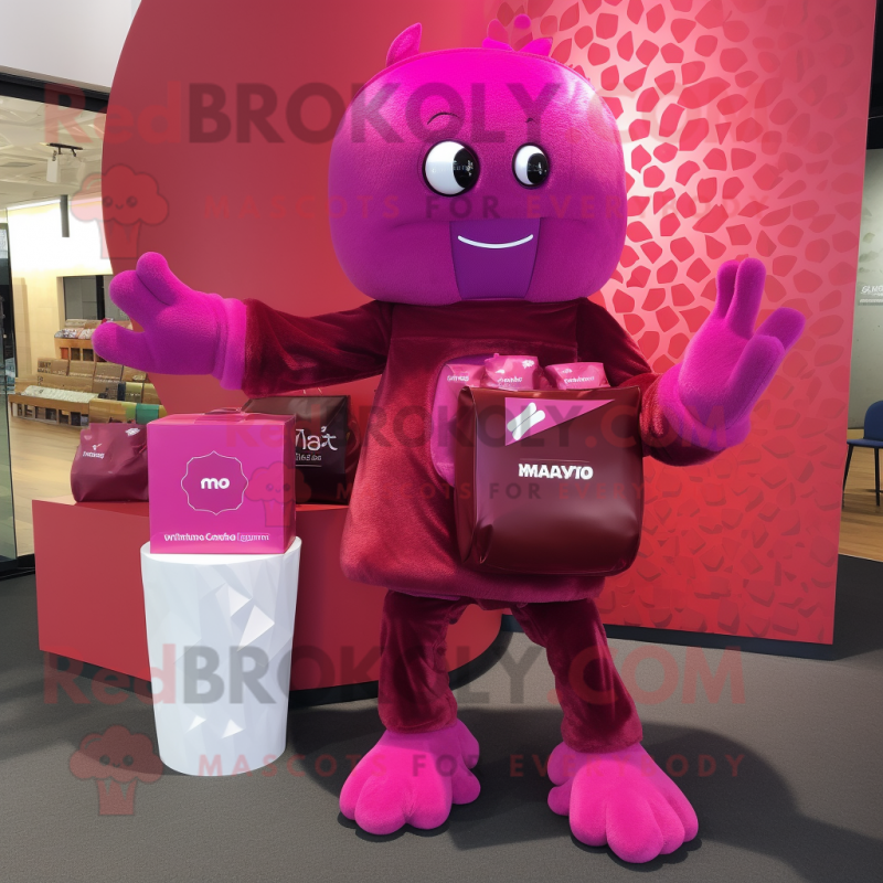 Magenta Chocolates mascot costume character dressed with a T-Shirt and Clutch bags