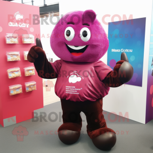 Magenta Chocolates mascot costume character dressed with a T-Shirt and Clutch bags