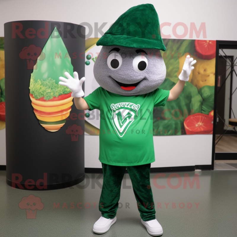 Forest Green Pizza Slice mascot costume character dressed with a V-Neck Tee and Beanies