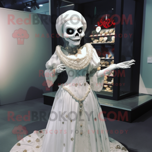 White Undead mascot costume character dressed with a Evening Gown and Coin purses