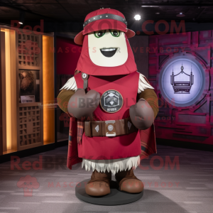 Maroon Celtic Shield mascot costume character dressed with a Flannel Shirt and Hat pins