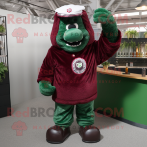 Maroon Green Beer mascot costume character dressed with a V-Neck Tee and Gloves