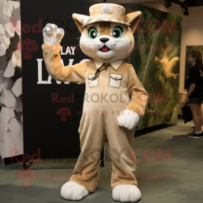 Tan Lynx mascot costume character dressed with a A-Line Dress and Caps