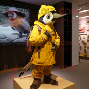 Yellow Woodpecker mascot costume character dressed with a Parka and Belts