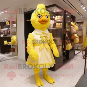 Lemon Yellow Fried Chicken mascot costume character dressed with a Shift Dress and Clutch bags