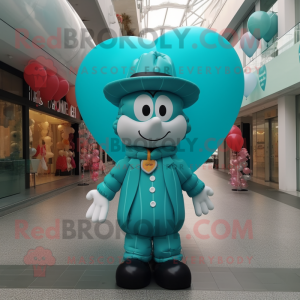 Teal Heart Shaped Balloons mascot costume character dressed with a Windbreaker and Hat pins