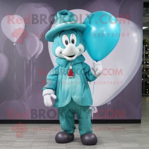 Teal Heart Shaped Balloons mascot costume character dressed with a Windbreaker and Hat pins