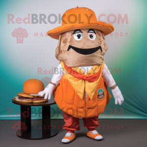 Orange Pulled Pork Sandwich mascot costume character dressed with a Vest and Hats