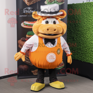 Orange Pulled Pork Sandwich mascot costume character dressed with a Vest and Hats