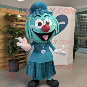 Teal Heart mascot costume character dressed with a Maxi Skirt and Suspenders