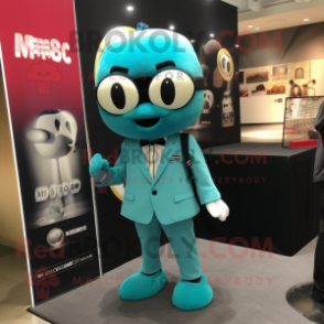 Turquoise Miso Soup mascot costume character dressed with a Blazer and Cufflinks