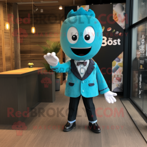 Turquoise Miso Soup mascot costume character dressed with a Blazer and Cufflinks