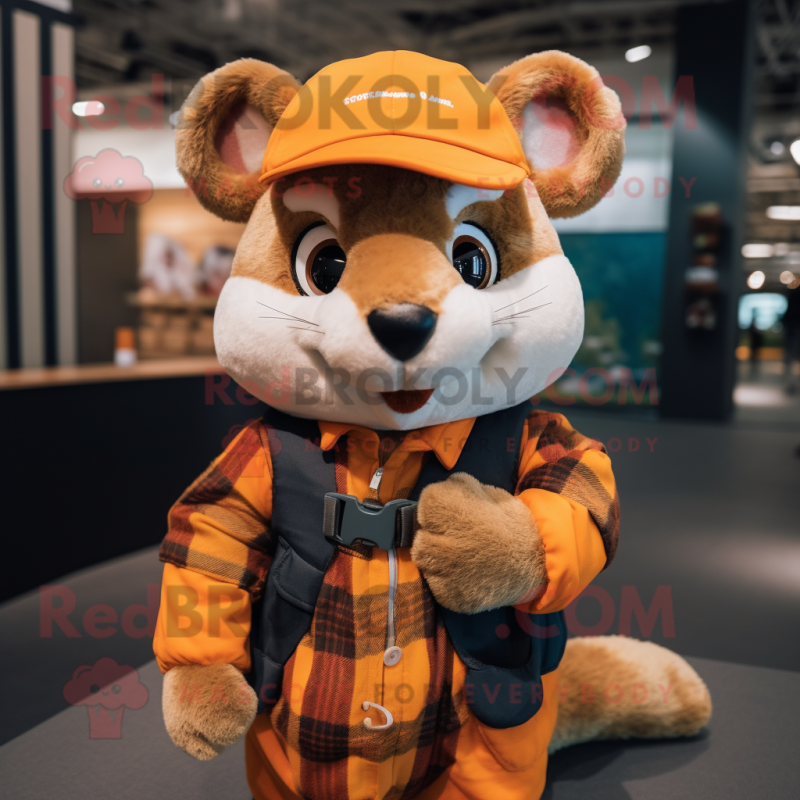 Orange Dormouse mascot costume character dressed with a Flannel Shirt and Beanies