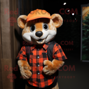 Orange Dormouse mascot costume character dressed with a Flannel Shirt and Beanies