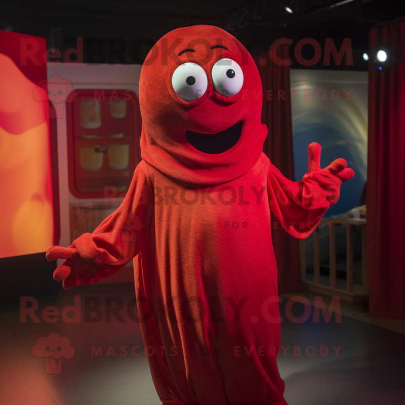 Red Moussaka mascot costume character dressed with a Playsuit and Wraps
