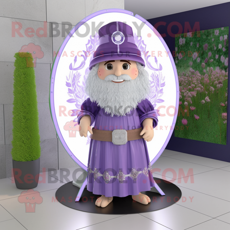 Lavender Celtic Shield mascot costume character dressed with a Skirt and Hats