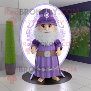 Lavender Celtic Shield mascot costume character dressed with a Skirt and Hats